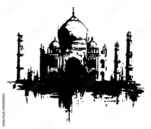 taj mahal silhouette black and white vector illustration with ink splatter effect