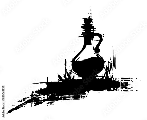 Grunge vector silhouette of magic potion bottle with herbs Black ink blot illustration of alchemy flask