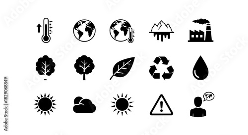 Climate and environment icons: global warming, pollution, and conservation symbols