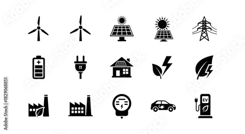 Renewable energy icons: solar, wind, electric, and eco-friendly designs for sustainable solutions