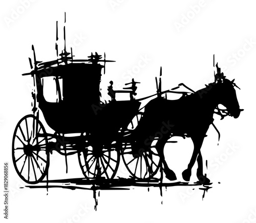 Vintage Horse Drawn Carriage Silhouette — Hand-Drawn Black and White Vector Illustration