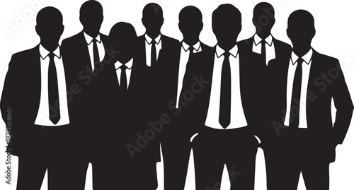 Team of businessmen silhouettes wearing suits and ties standing together on a white background