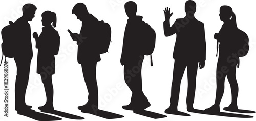 Silhouetted students stand with backpacks, one waves cheerfully, while another uses a phone, on transparent background
