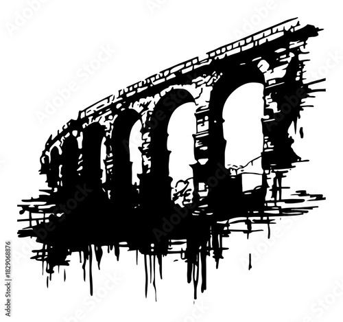 ancient stone aqueduct bridge silhouette black and white grunge ink splatter vector illustration