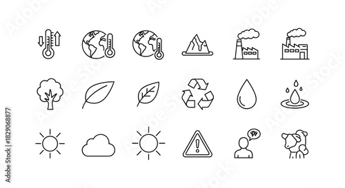 Minimalist environmental icons: climate, nature, sustainability, pollution, energy conservation