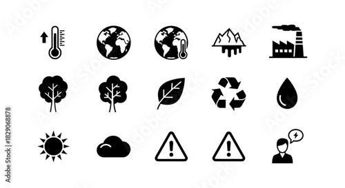 Environmental icons: climate change, conservation, renewable energy, sustainability