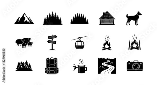 Adventure icons set: camping, hiking, and nature in bold silhouette style
