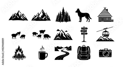 Outdoor adventure icons set featuring mountains, forests, and camping elements