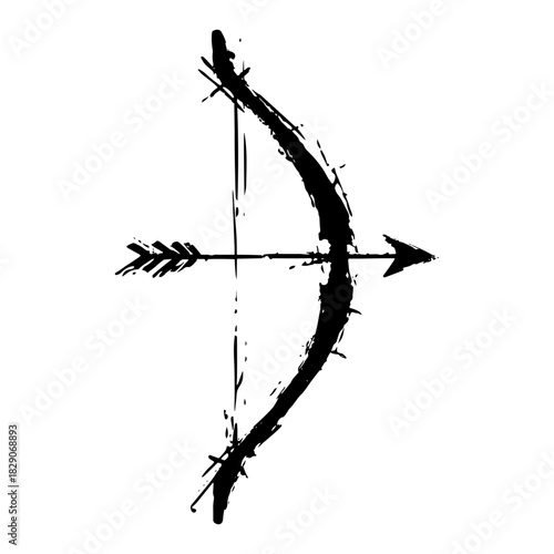 archer bow and arrow silhouette black and white grunge ink splatter hand drawn vector illustration