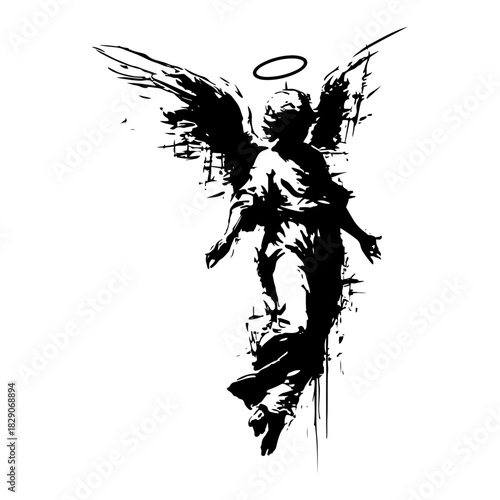 guardian angel with wings and halo black and white grunge ink splatter religious vector illustration