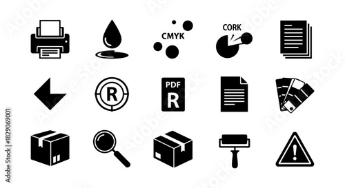 Essential printing and packaging icons for modern design projects