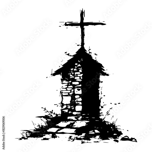 Grunge vector silhouette of old stone church with cross on roof Black ink blot illustration of small christian chapel