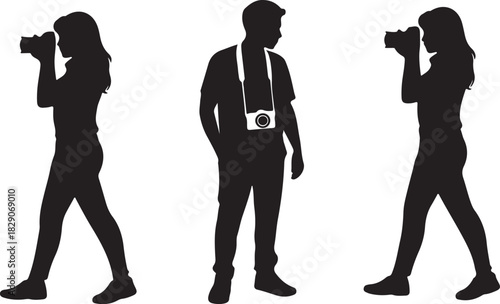 Two young women photograph while a man gazes away in silhouette against a transparent backdrop