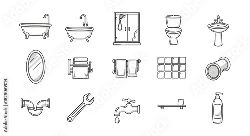 Monochrome bathroom icons set: bathtub, shower, faucet, mirror, and more essentials