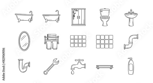 Bathroom fixtures and plumbing outline icons for home design projects
