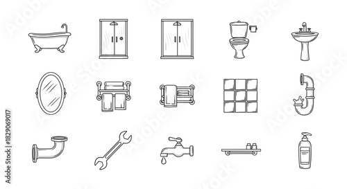 Bathroom line art icons set featuring bathtub, shower, toilet, and more essentials for home design