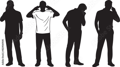 Four silhouette figures stand pensively, one talking on phone, on transparent background