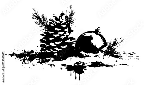 pine cone and christmas bauble in snow black and white grunge ink splatter vector illustration