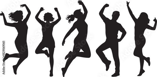 Group of diverse silhouettes joyfully jumping and celebrating with raised arms on transparent background