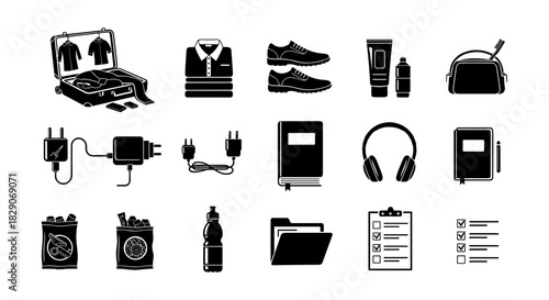 Essential travel silhouette icons for packing and organization