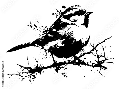 Small garden bird perching on tree branch with ink splashes Wildlife nature grunge vector illustration