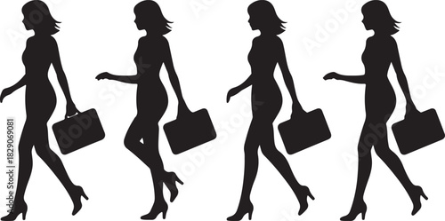 Several businesswoman silhouettes are walking with briefcase in the transparent background