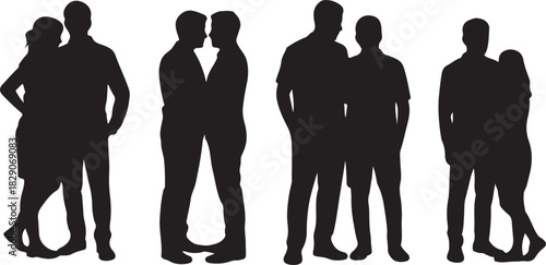Several silhouetted interracial couples are depicted in various poses conveying intimacy and romantic connections on transparent background