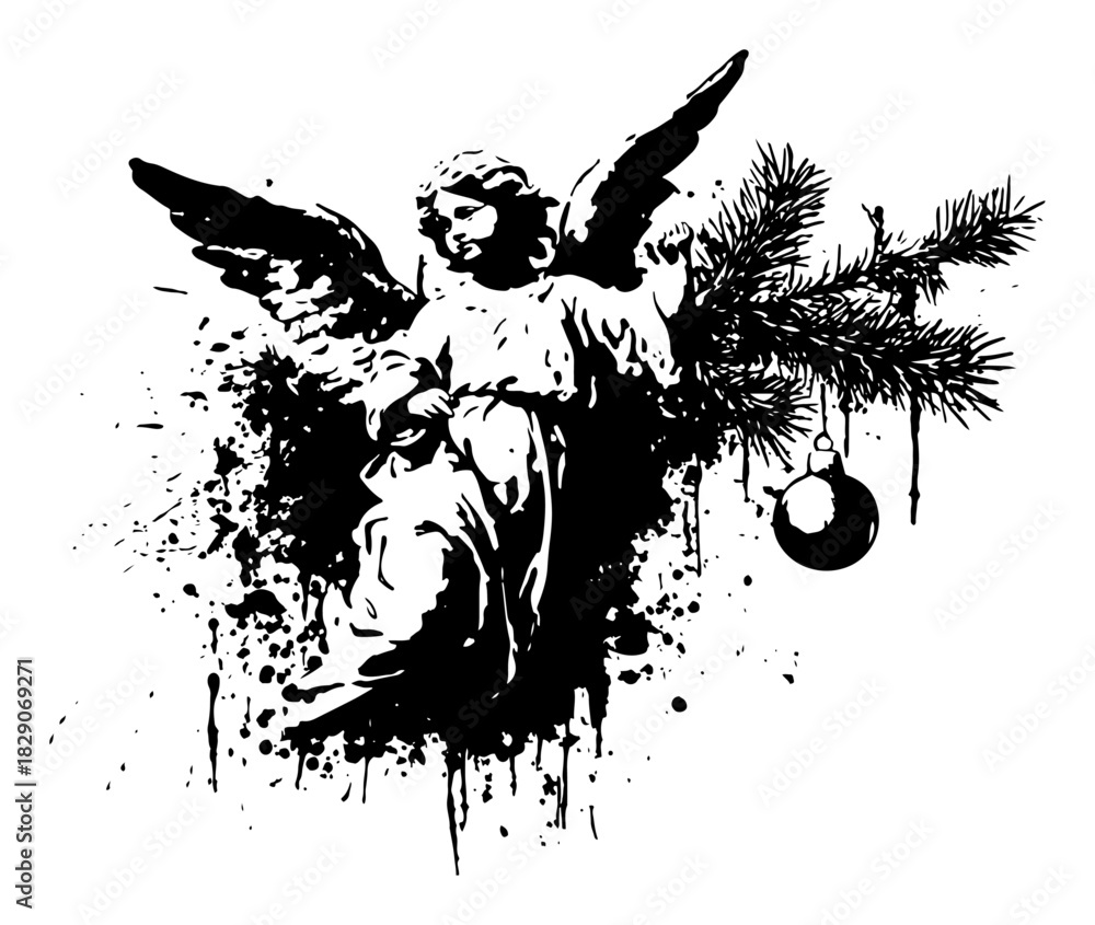 Obraz premium Christmas angel statue silhouette with pine branches and hanging bauble ornament Grunge distressed vector illustration