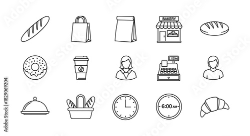 Minimalist bakery icons: bread, pastries, and cafe essentials in line art