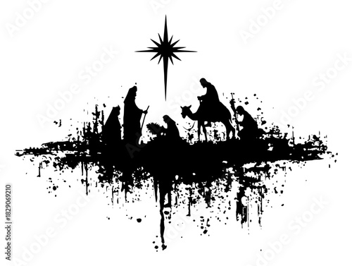 nativity scene with holy family and bethlehem star black and white grunge ink splatter vector illustration