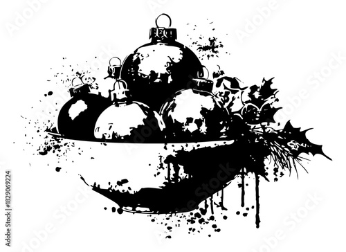 christmas baubles in bowl with pine branches black and white grunge ink splatter vector illustration