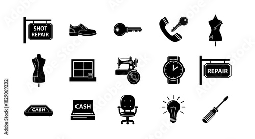 Vintage silhouette icons of repair, fashion, and office objects on white background