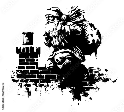 Grunge vector silhouette of Santa Claus climbing into chimney with sack of gifts Black ink blot illustration of Christmas eve delivery