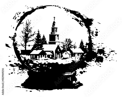 Grunge vector silhouette of snow globe containing winter village and church Black ink blot illustration of crystal ball