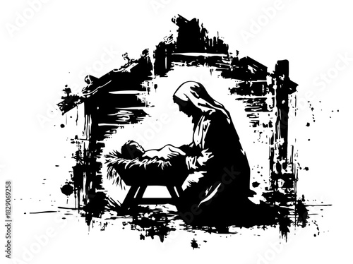 Grunge vector silhouette of Virgin Mary and Baby Jesus in manger Black ink blot illustration of holy nativity scene