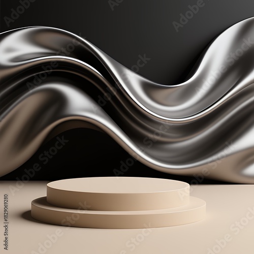Luxury background for branding and product presentation. Beige color podium on darck silver fabric flying wave. 3d rendering illustration.
