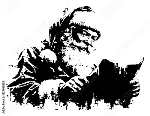 Santa Claus reading naughty or nice list letter holding paper Christmas holiday grunge vector illustration