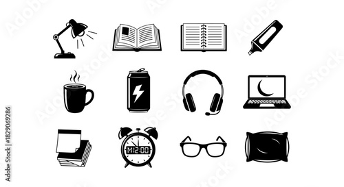 Black and white everyday objects collection: minimalist home and office icons