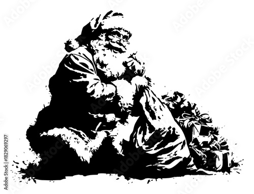 Santa Claus sitting with large heavy sack full of gifts and wrapped presents Grunge vector illustration