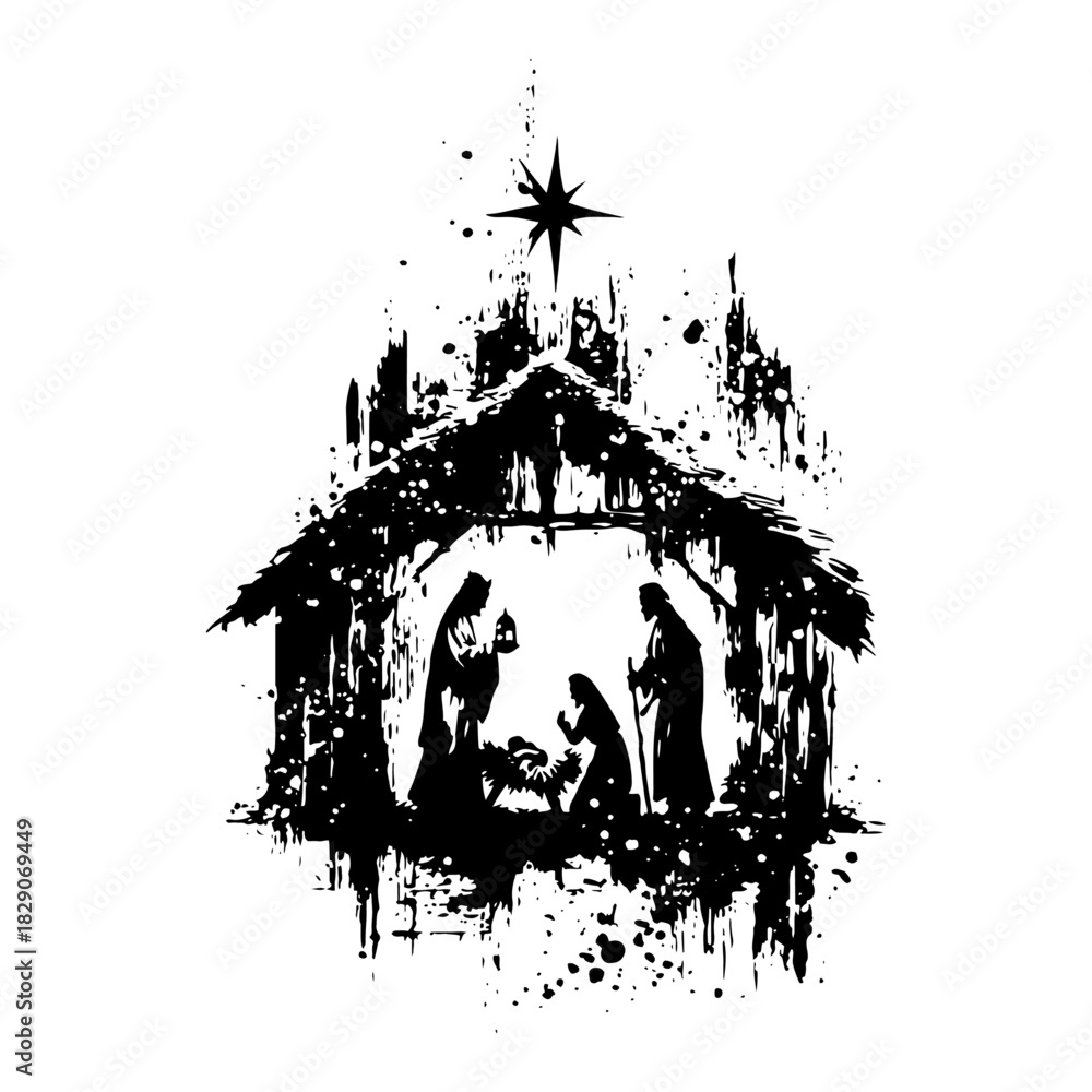 Obraz premium nativity scene with holy family in stable and bethlehem star black and white grunge ink splatter vector illustration