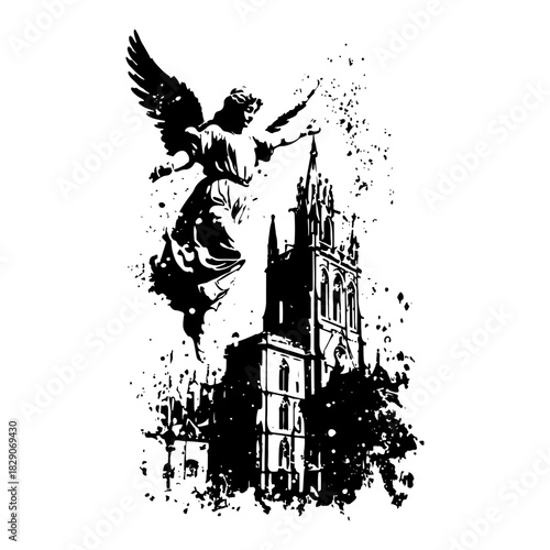 guardian angel above gothic cathedral black and white grunge ink splatter vector illustration