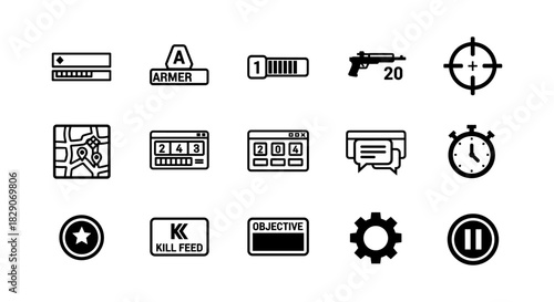 Minimalist gaming interface icons set for ui design and development