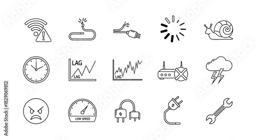 Outline internet connection icons: slow speed, lag, network issues