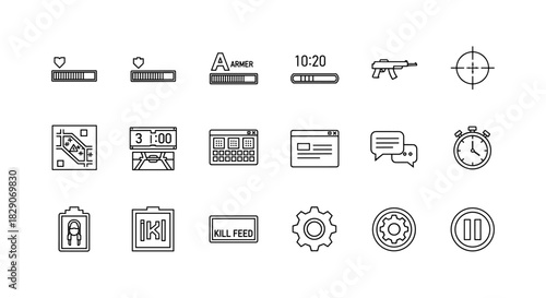 Minimalist gaming icon set with ui elements and in-game symbols for esports