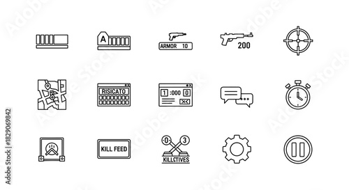 Minimalist gaming icons: weapons, maps, and communication elements for interfaces