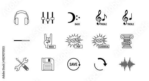 Minimalist music icons featuring instruments, symbols, and sound effects in black and white
