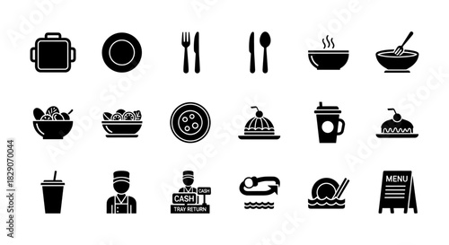 Restaurant icons set: food, drinks, dining symbols in flat style for menus and apps