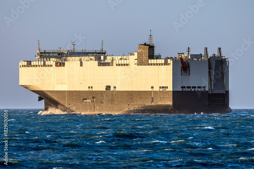Germany, Elbe River Estuary. Car carrier at the mouth of the Elbe near Cuxhaven