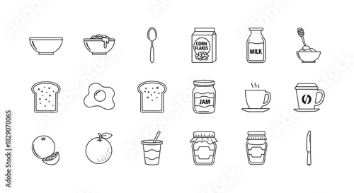 Breakfast essentials: minimalist line icons of classic morning foods and beverages