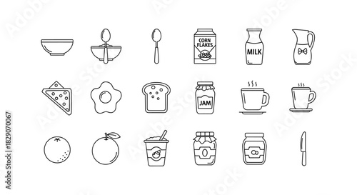 Minimalistic breakfast icons featuring bowls, spoons, and pantry items in classic line art